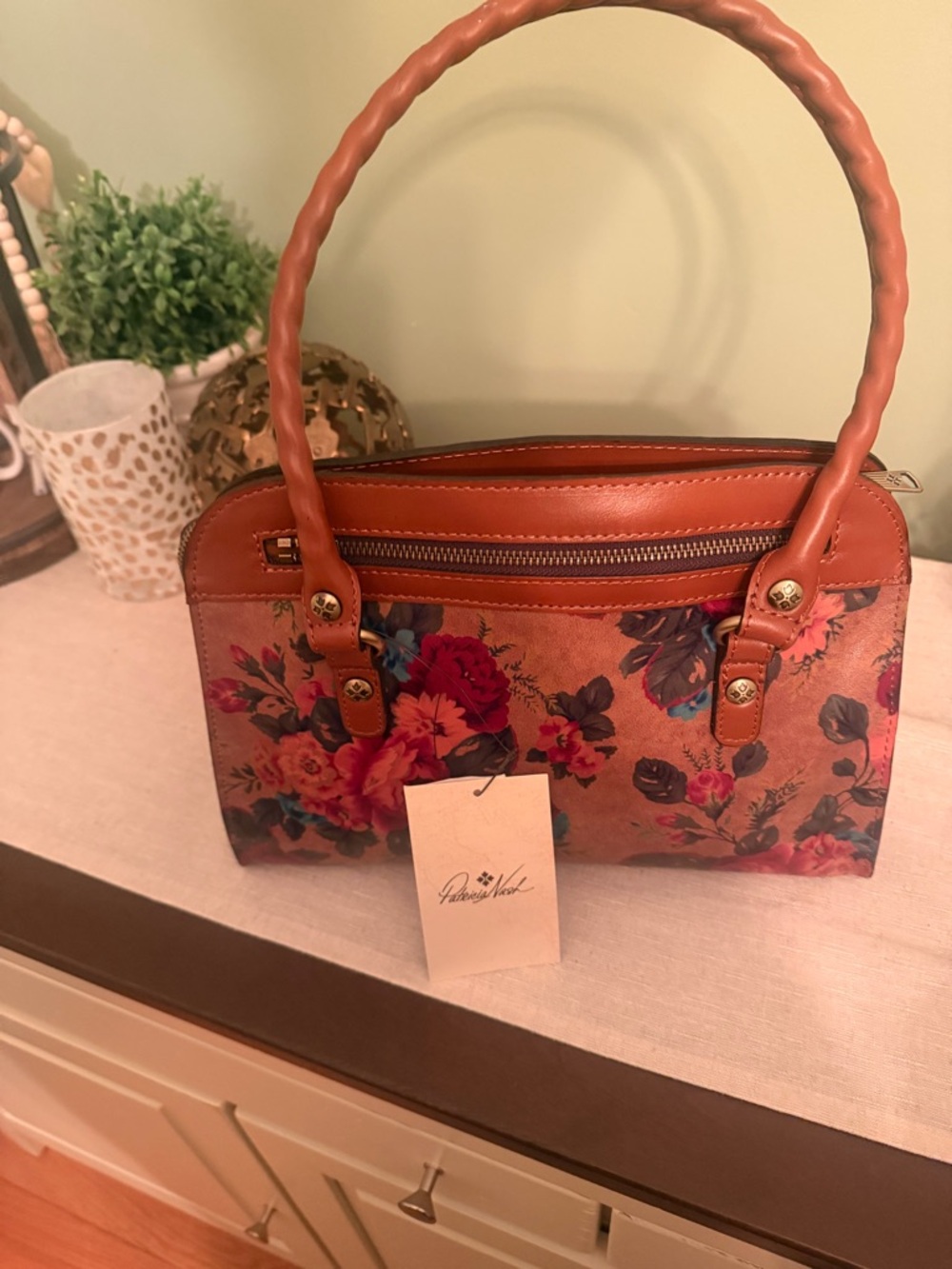 Patricia Nash Tan Floral Leather Satchel with Brown Trim